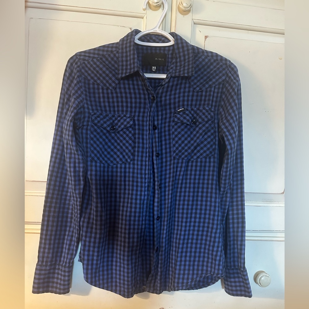 Hurley Navy and Black Plaid Button Down Shirt